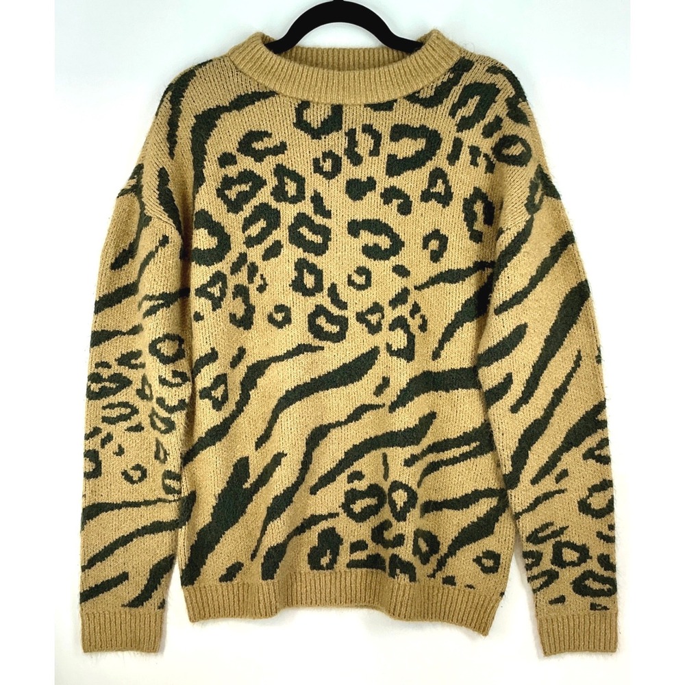 Venus Mixed Leopard Zebra Print Crewneck Statement Sweater Size S Tan Black